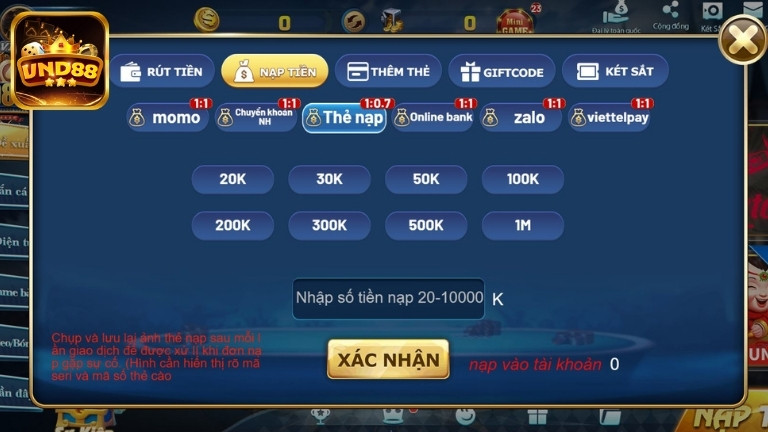 Hướng dẫn nạp tiền VND88 bằng Thẻ cào điện thoại