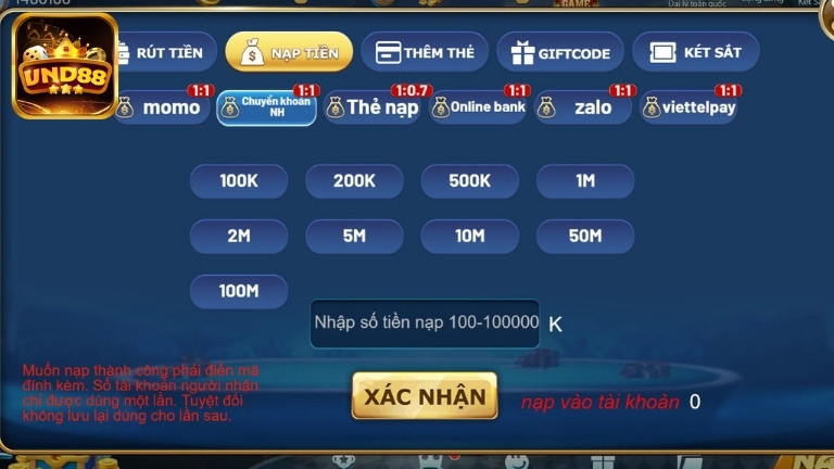 Hướng dẫn nạp tiền VND88 qua Chuyển khoản ngân hàng