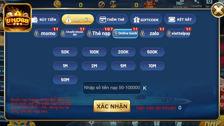 Hướng dẫn nạp tiền VND88 qua Online Banking